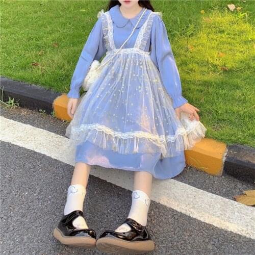 Lolita Dress Women Everyday Clothing 2 Piece Set Sweet Cute Soft Girl Blue Big Swing Dresses Kawaii Girly Lolita Dress