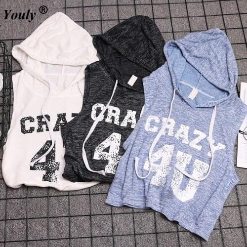 Casual Short Loose Top 2021 Women Hoodie Crop Top Print T Shirt Summer Sleeveless Hooded T-Shirt Pullover Cropped Tee Shirt
