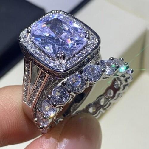 Luxury Jewelry Couple Rings 925 Sterling Silver Cushion Shape Big White AAAAA Cubic Zircon Women Wedding Bridal Ring Set Gift