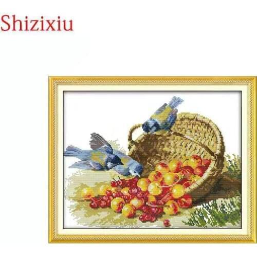 Shizixiu 14CT 11CT Print cloth DMC handmade cross-stitch paintings Birds and fruit embroidery Cross Stitch kit,Needlework sets