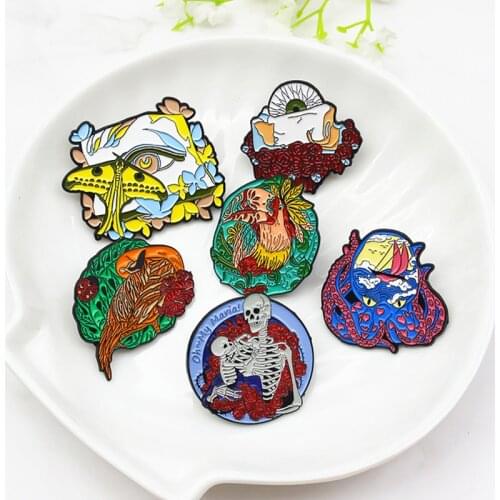 Skeleton Skull Eyeball Enamel Pins Red Rose Flower Bones Embrace Forest Bird Parrot Octopus Sea waves Punk Badges Lapel Jewelry