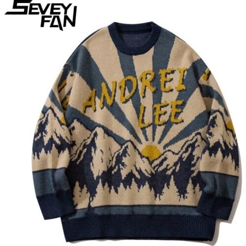 SEVEYFAN Mens Harajuku Mountain Jacquard Sweaters BF Loose Cotton O Neck Kintwear Hip Hop Pullover Sweater for Couples