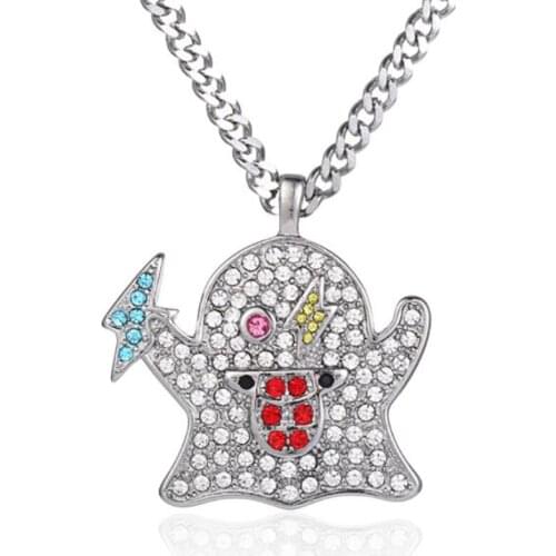 Hip Hop Stainless Steel Statement Sparkly Haunter Ghost Pendant Necklace Unisex Exquisite Iced Rhinestone Crystal Jewerly Gift