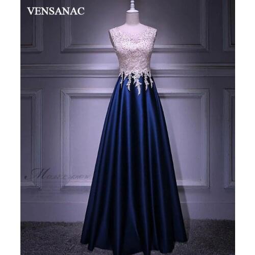 VENSANAC 2018 Illusion Crystal O Neck Lace Appliques Long Evening Dresses Elegant A Line Satin Party Prom Gowns