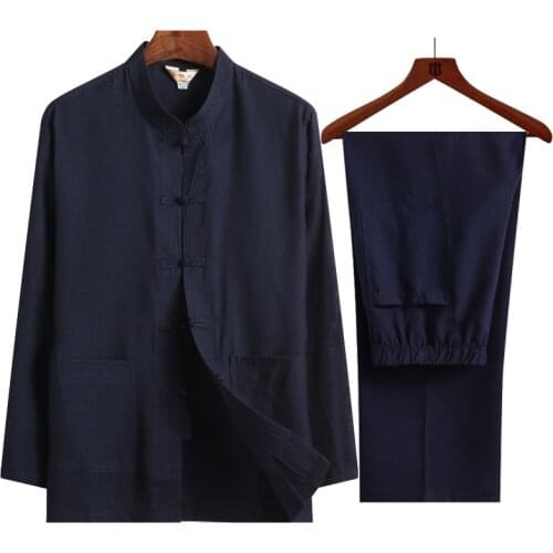 Vintage Men Tang Sets Classic Style Solid Linen Tai Chi Clothes Kung Fu Summer Male Hanfu Clothing Chinese New Year Outfit 3XL