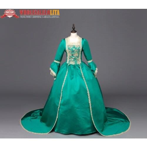 Green Marie Antoinette Renaissance Dresses Ball Gown with Train Reenactment Theatrical Costume