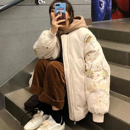 Zip-up Women Jacket Winter Thick Hooded Cotton Harajuku embroidery Coats Female Korean Loose Puffer Parkas Oversize Outwear Top