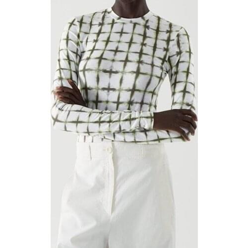 Women Stretch T-shirt Tie-dyed Plaid Long Sleeve Female Tees and Top 2021 Early Autumn New