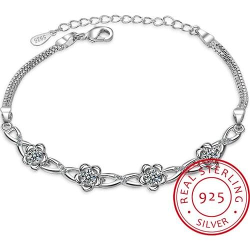 925 Sterling Silver Bracelets Luxury Clear White Zirconia Plum Blossom Flower Bracelets & Bangles For Women pulseira es prata