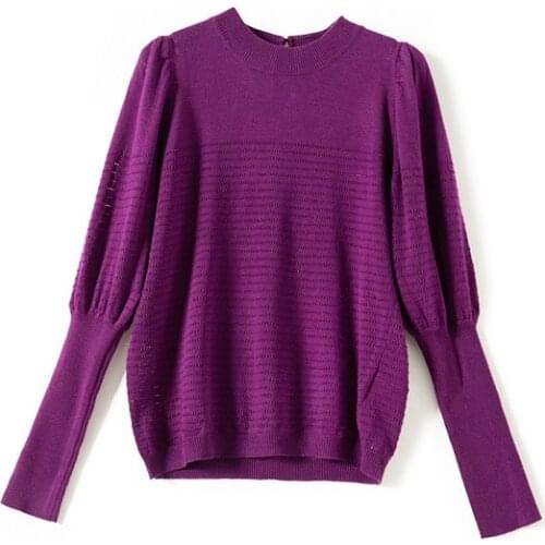 Ladies Wool Hollow Out Long Sleeve Knitted Jumper Sweater - Women Round Neck Beaded Detail Pullover Top