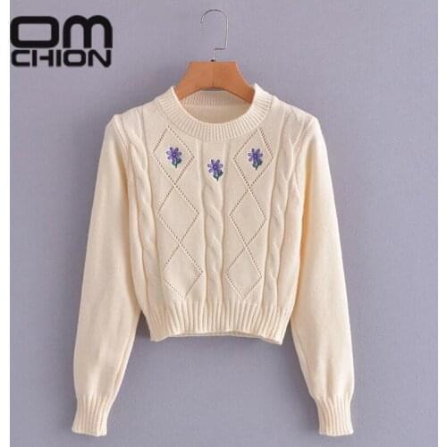 OMCHION Womens New Embroidered Floral Twist Sweater Knitted Pullover Round Neck Short Long Sleeve Jumper Korean Fashion New