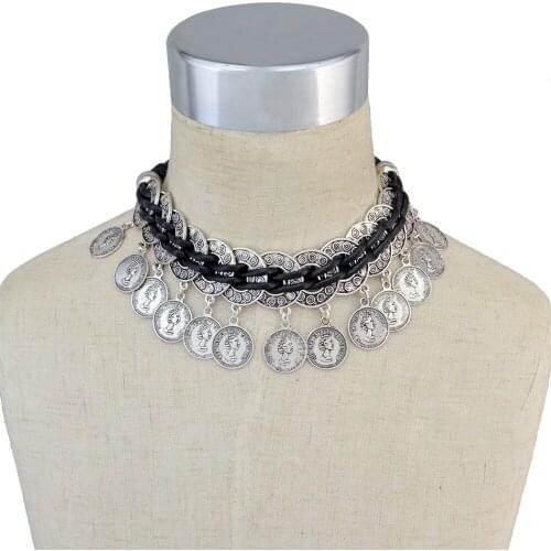 Bohemia Vintage color Metal Choker Necklace Turkish Leather Chain Coins Tassel Charm Statement Necklaces for Women Maxi Jewelry