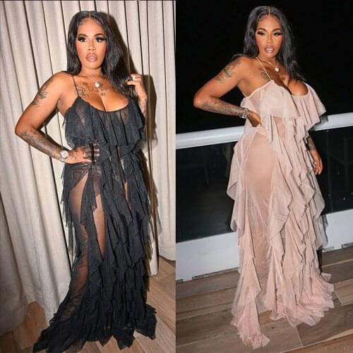 Women Dress Summer Strap Deep Neck Backless Pleated Cascading Ruffuled Mesh Sexy Fairy Party Club Night Wear layerd dresses