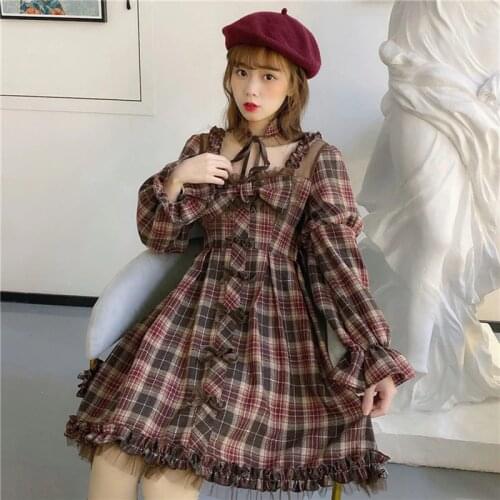 Japanese Lolita Dress Cosplay Costume retro plaid wild daily light Lolita bow dress women spring new Mori Girl Ruffles Dress