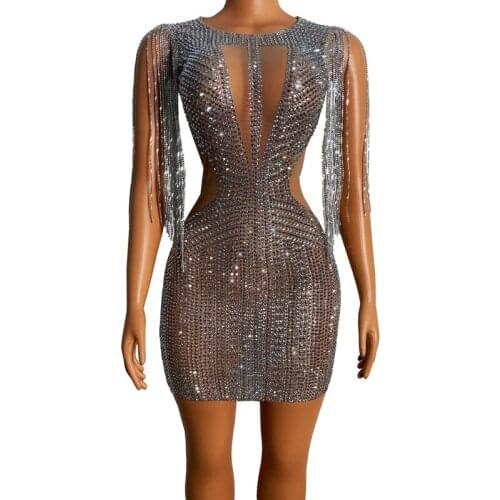 Women Sexy Stage Sparkly Rhinestone Fringe Transparent Dress Birthday Celebrate Party Chain Shoulder Dress Nightclub Outfit