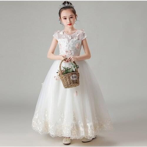 Flower Girl Dress Illusion Appliques Embroidery O-Neck Short Princess Floor-Length Lace Tulle Luxury White Kids Party Gown H320
