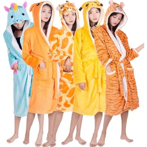 Unicorn Hooded Womens Kimono Bathrobes Animal Pyjamas Autumn Winter Flannel Long Bath Robe Sleepwear Nightgown Female Home Wear