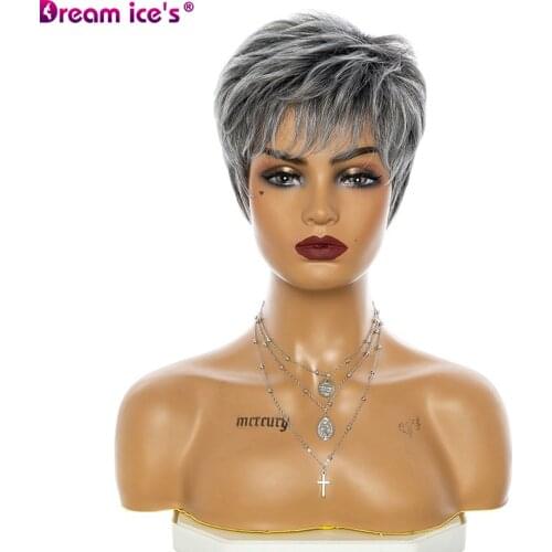 Natural Short Straight Wave Womens Bangs Wig Grey Bob Soft Synthetic Wigs Daily Cosplay For White Femail 2021 Dream Ices