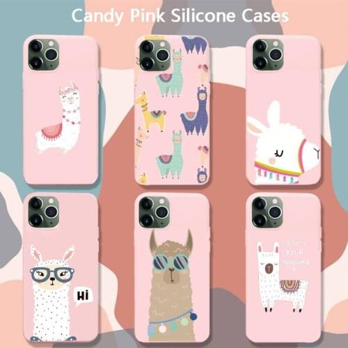 Kawaii Cute Cartoon Llama Alpaca Animals Phone Case For Iphone 6 6s 7 8 Plus XR X XS 11 12 Pro Candy Pink Cover