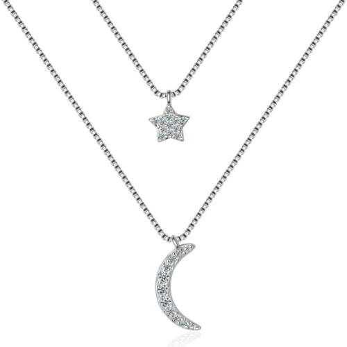 Fashion Female Necklace Silver Color Double Layer Star Moon Pendant Necklace for Women Mosaic Zircon Clavicle Chain Jewelry