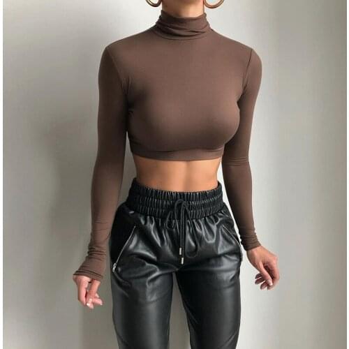 2021 Fashion Trend Women Solid Color Crop Tops High Neck Long Sleeve Slim Fit Pullover T-shirts Skinny Vest Tees for Spring Fall