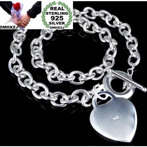 OMHXZJ Wholesale Personality Fashion Woman Gift Silver Heart Circle Chain 925 Sterling Silver Bracelet+Necklace Jewelry Set SE54