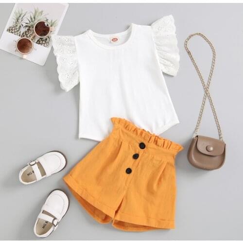 2-7Y Casual Kids Baby girl Clothing Girl Summer Outfits Solid Short Sleeve Ruffle T-shirt Tops+Button Shorts Outfit 2pcs