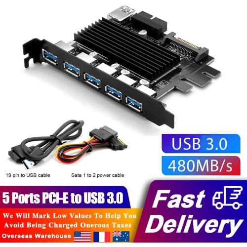 Expansion Card PCI-E to USB 3.0 5 Ports USB Cards with 19 Pin Power Connector PCI-E Adapter 15 Pin SATA Power Port For Computer