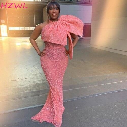 Pink Aso Ebi Prom Dresses With Big Bow Sexy Mermaid Sequined Evening Dress 2020-2021 Formal Party Wear robe de soiree