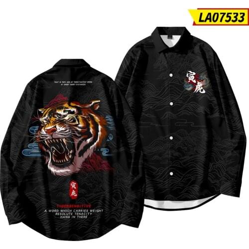 Spring Autumn Hip Hop Turn-down-collar Streetwear Casual Fashion Black Tiger Print Shirt Men Long Sleeve Shirt Tops Clothing