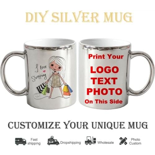 DIY I love shopping Mug photo Custom cup Print logo Made silvery Coffee Mugs Cups Gift for Family KTDZ-RW-010-LY