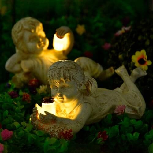 LED Children Statue Decorative Solar Lighted Resin Sculpture Boy Girl Sculpture Garden Decoration Yard & Garden Decor