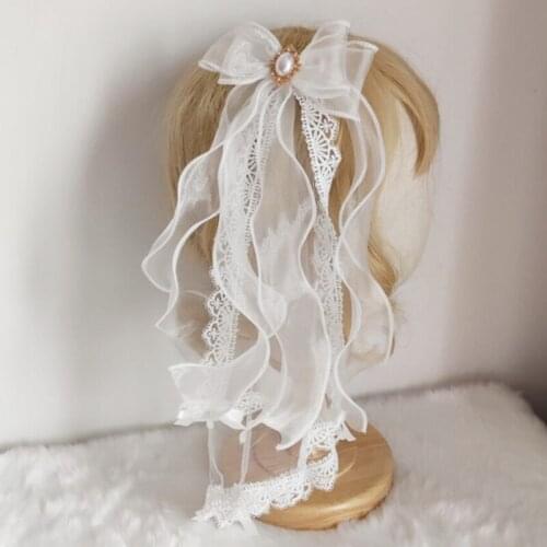 Ruffle Lace Headdress for Women Ribbon Bows Hairpin Lovely Headwear with Bowknot Pearl Lolita Party Hair Accessories