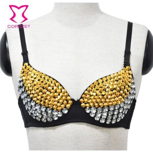 White Crystal Gems & Gold Rivets Gotico Punk Rock Women Bra Sexy Brassiere Push Up Bralette Top Brasier Mujer Club Dance Wear