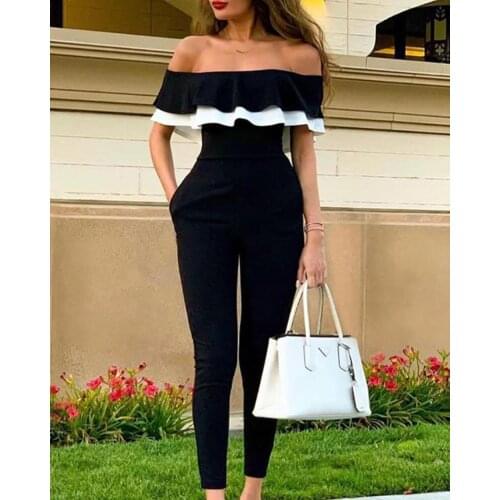 Fashion cold shoulder sexy long romper summer black full length sexy overalls for women lady jumpsuits 640