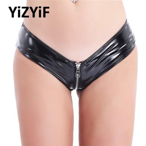 Womens Bikini bottom Sexy Lingerie Shiny Patent Leather Zipper Crotch Low Rise Briefs Underwear Underpants swimsuit thong bikini
