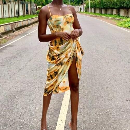 2020 Women Vintage Yellow Tie dye Flower print Spaghetti Strap Dress Hem Slim Waist Slit Irregular Long Dresses Sling Vestido