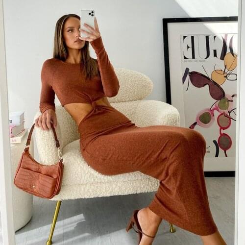 Long Sleeve Brown Elegant Maxi Dress Women Sexy Cut Out Party Bodycon Long Dresses Casual Christmas 2021 Autumn Clothing Black