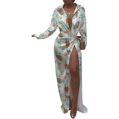 2021 Summer New Maxi Dress Stripe Print High Split Women Long Sleeve Lapel Mopping Dress for Party Graceful And Temperament