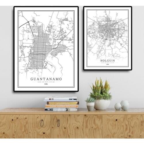 Cuba City Map La Habana Camaguey Santa Clara Abstract Canvas Painting Manzanillo Black White Wall Art Print Poster Home Decor