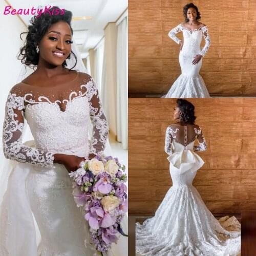 African Long Sleeve Mermaid Wedding Dresses 2020 Removable Train Arabic Illusion Lace Appliques Beaded Wedding Gowns Plus Size