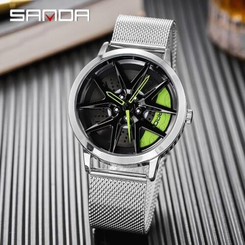 SANDA Men Rim Hub Watch Custom Design Sports Car Watch Stainless Mesh Racing Wheel Rim Hub Quartz Watch Man WaterproofRelogio