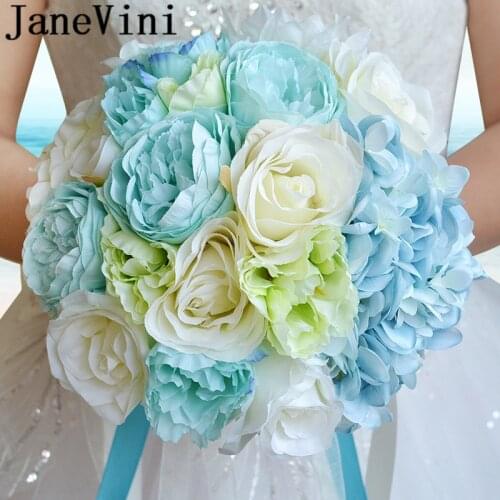 JaneVini Romantic Flowers Bouquets For Beach Wedding Light Blue Rose Bride Artificial Groom Flower Bridal Bouquet Fleur Mariage