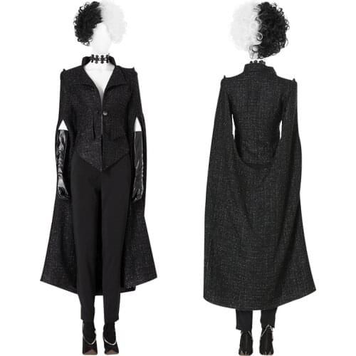 Anime Cruella De Vil Cosplay Costume Overcoat Black Uniform Woman Trench Coat Outfits Movie Adult Clothing Halloween Party Dress