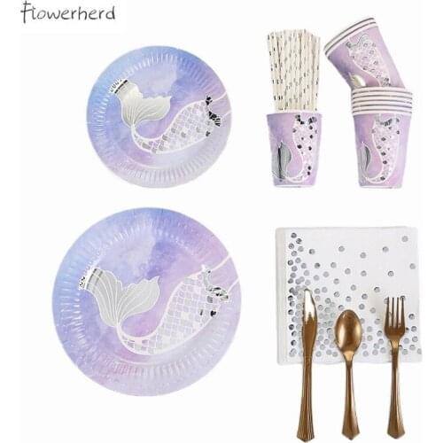 Purple Mermaid Party Supplies Disposable Dinnerware Set Plates Napkins Cups Knifves Fork Spoons Baby Shower Decor Birthday Party