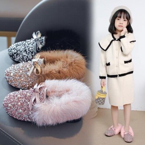 Shoes Girls Fashion Winter Autumn Kids Children Warm Bling Bowtie Pearl Rabbit Fur Plush Princess Flat Shoes Grils Casual Shoe