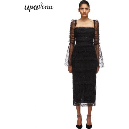 Free Shipping High Quality Black Midi Dress Square Neck Long Sleeve Mesh Patchwork Bodycon Dress Club Night Party Vestidos