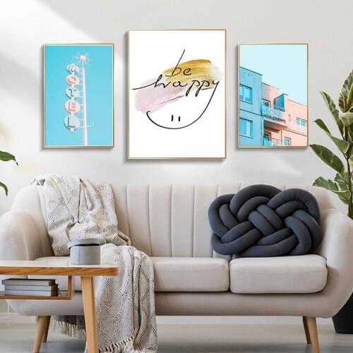 Pink Blue Summer Fresh Architectural Features Architectural Attractions Canvas Combination Art Painting Home Decoration