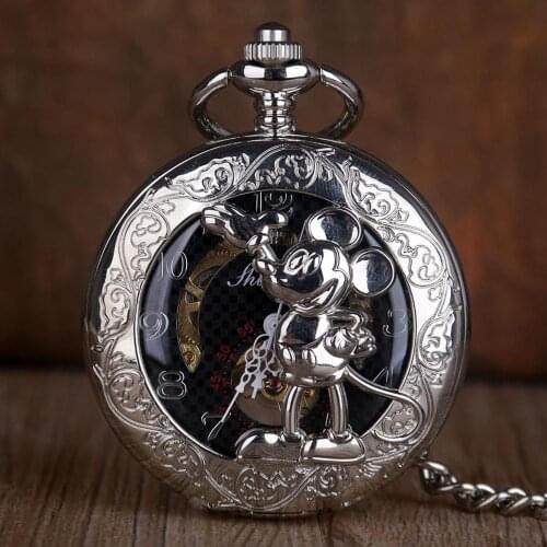 Silver Mouse Pocket Watch Steampunk Skeleton Mechanical Pocket Watch Men Antique Luxury Brand Pocket & Fob Watch Necklace Chain