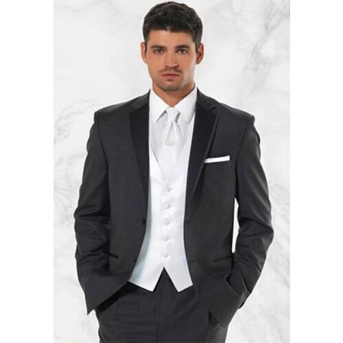 High quality Two Buttons Dark Gray Groom Tuxedos Notch LapelWedding Men Suit Bridegroom mens Suits 2019 (Jacket+Pant+vest)